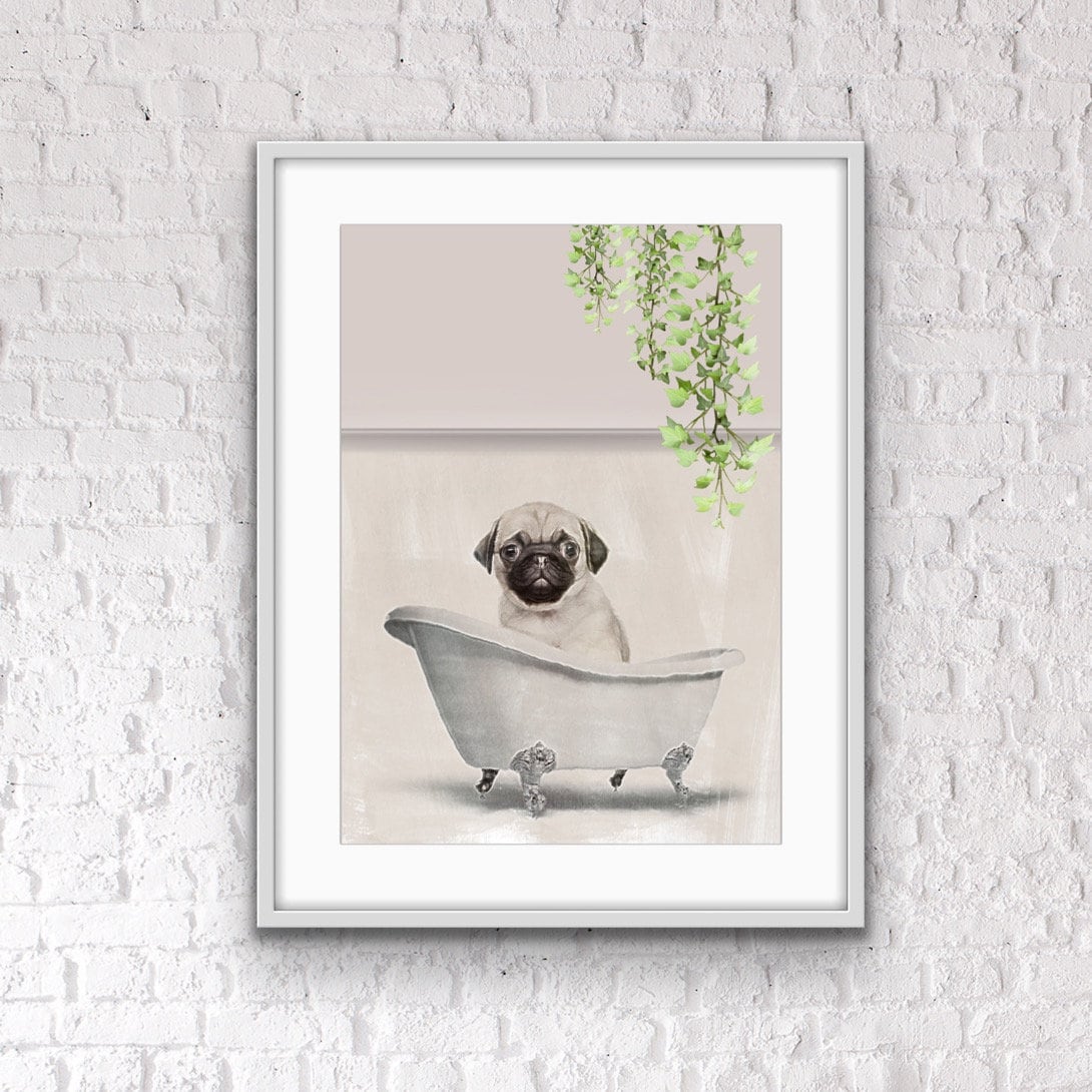 Pug in Tub Bathroom Print: Quirky Bathroom Wall Art