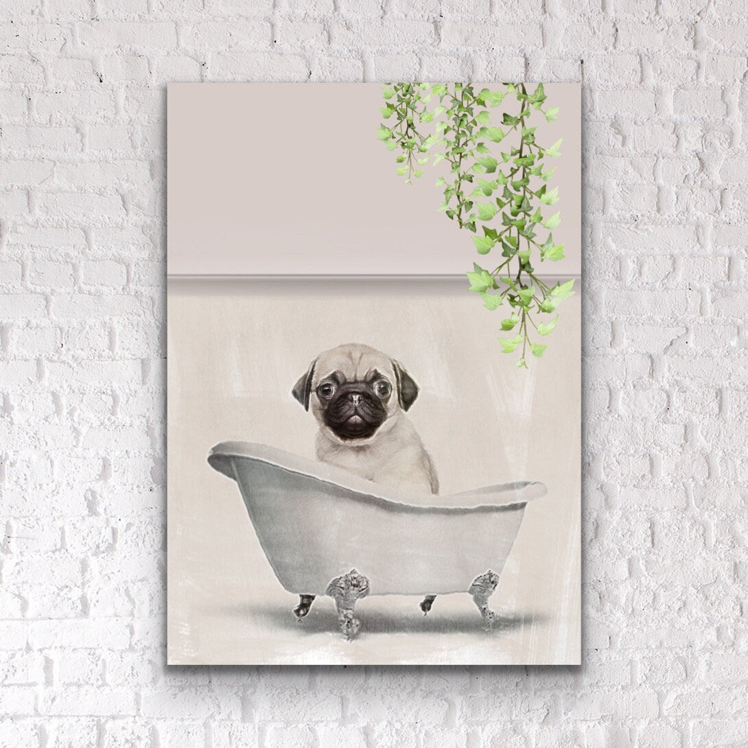 Pug in Tub Bathroom Print: Quirky Bathroom Wall Art