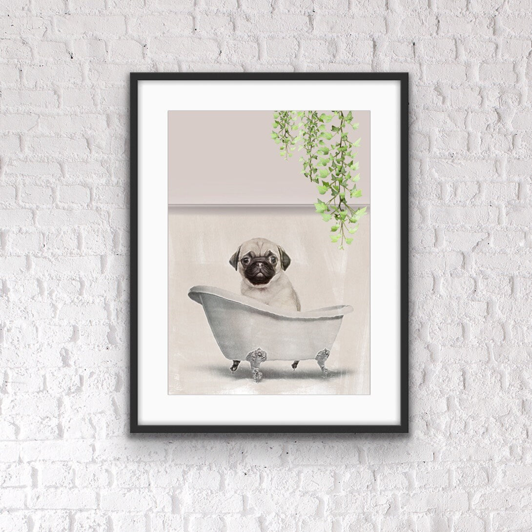 Pug in Tub Bathroom Print: Quirky Bathroom Wall Art