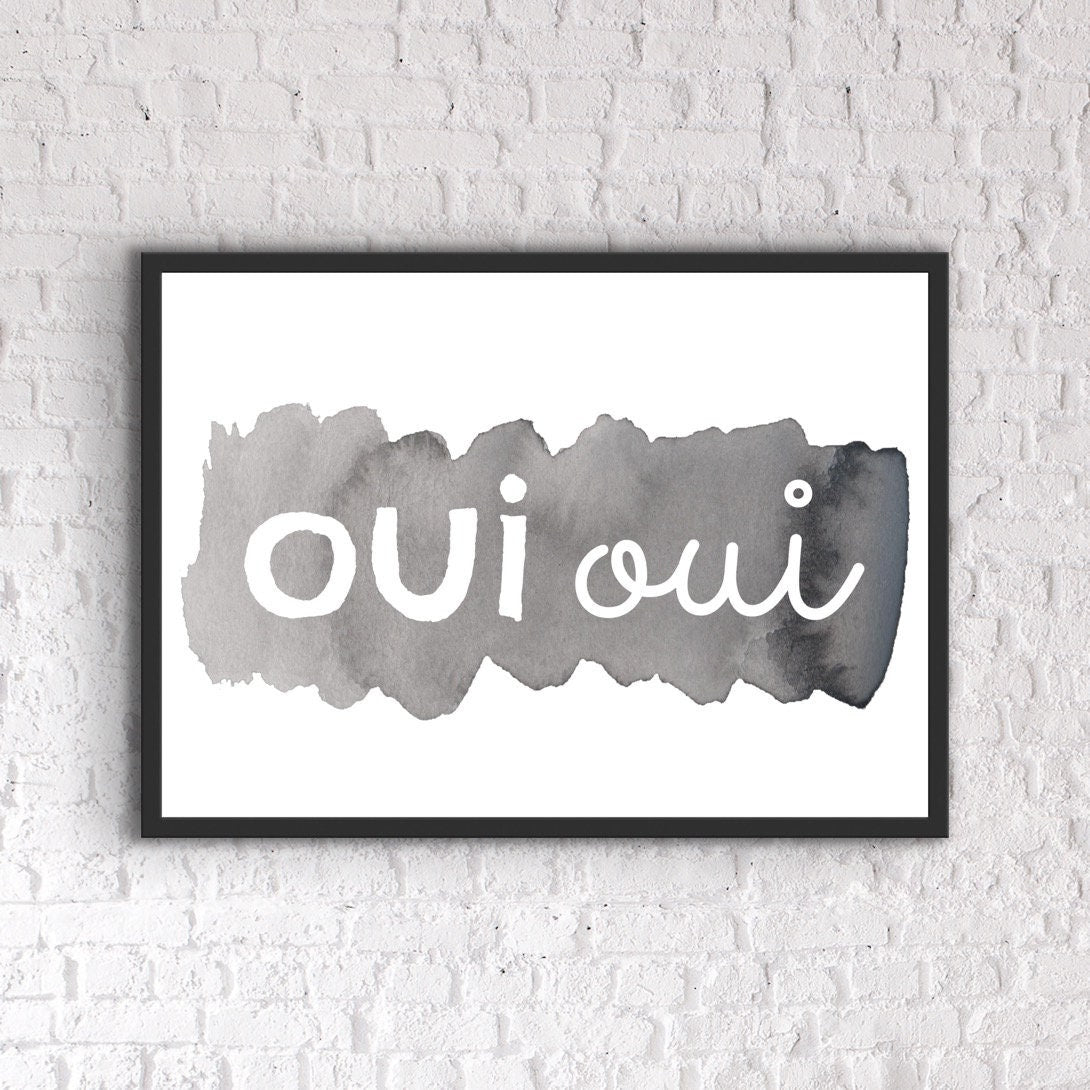 Funny Bathroom Print: "Oui Oui" Quote, Grey Wall Art