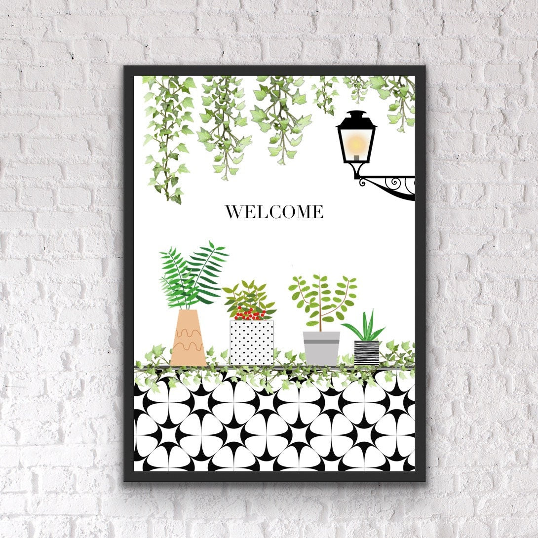 Hallway Welcome Print: Potted Plants Entryway Art