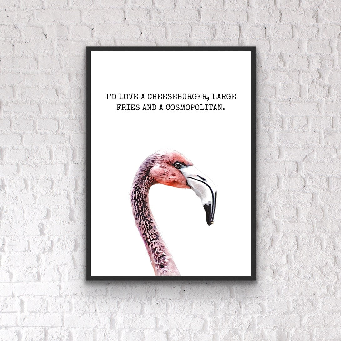 Funny Flamingo Bar Print: Cheeseburger, Fries & Cosmopolitan