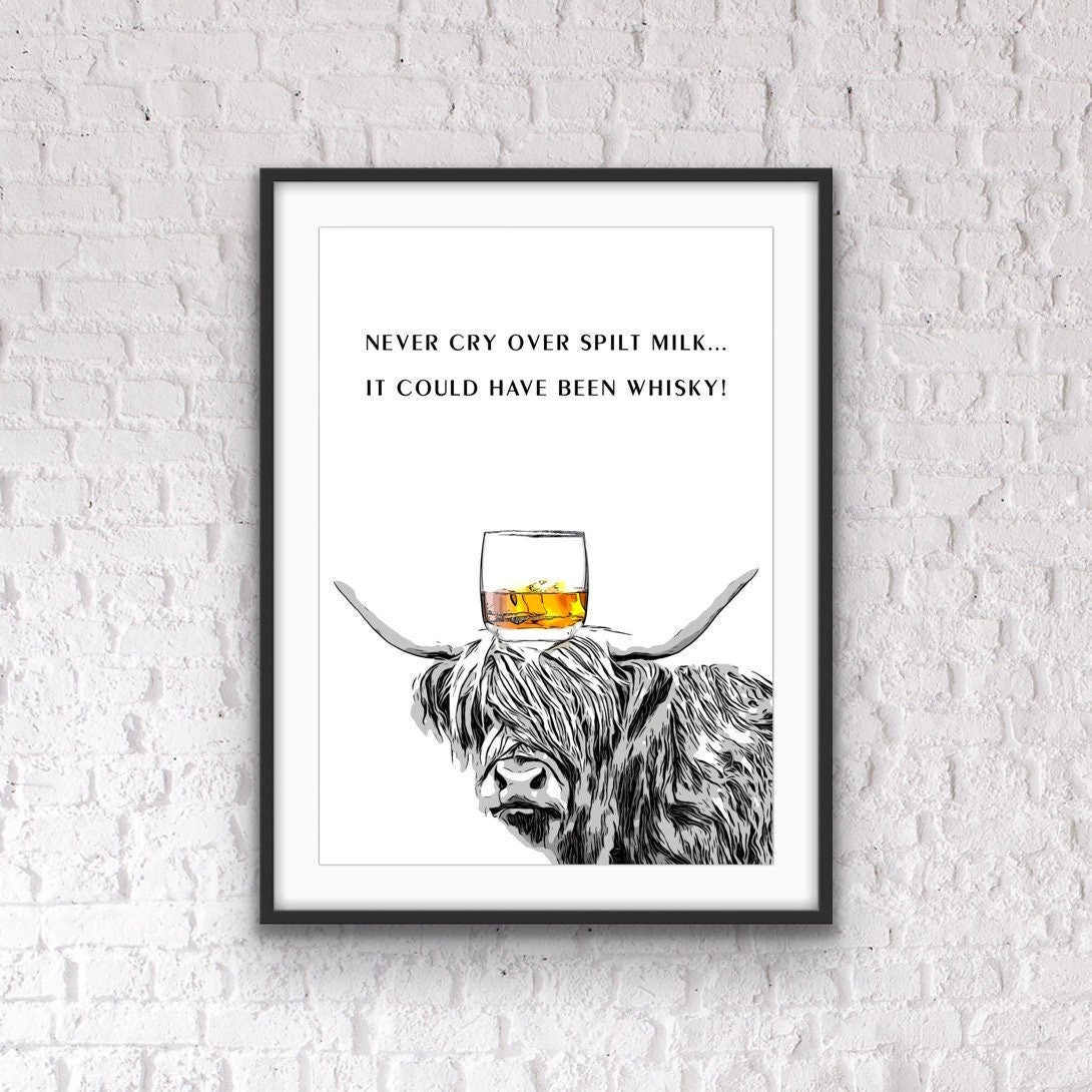 Whisky Highland Cow Bar Print: Funny Home Bar Poster