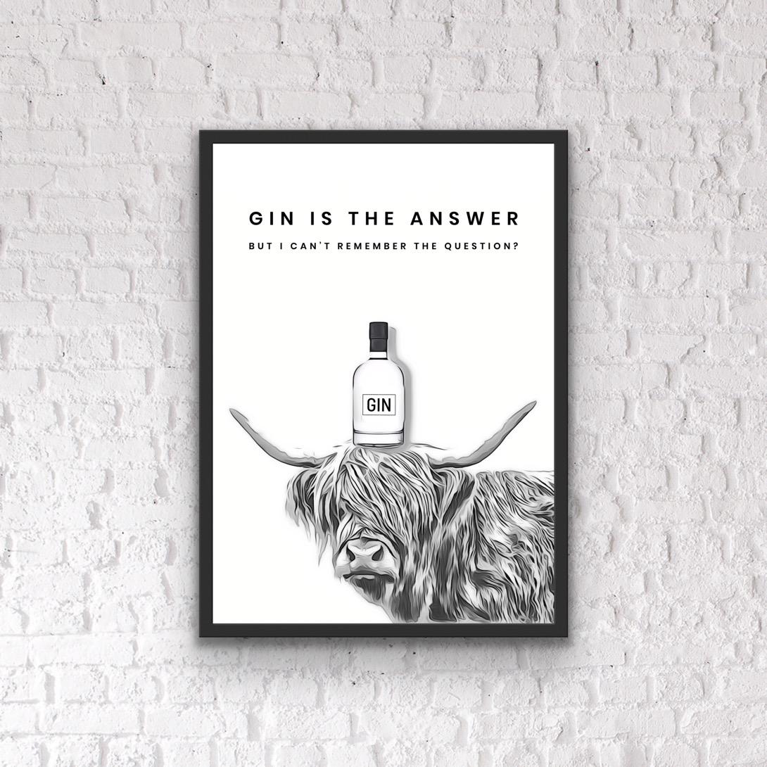 Gin Bar Quote Print: Highland Cow Home Bar Poster