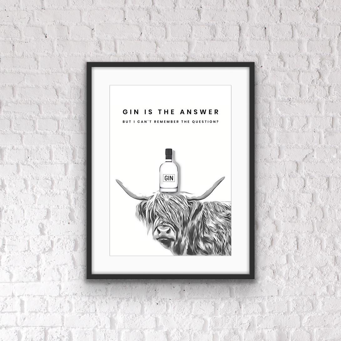 Gin Bar Quote Print: Highland Cow Home Bar Poster