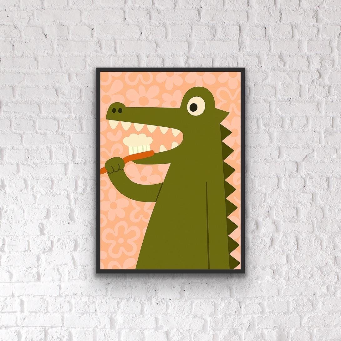 Crocodile Brushing Teeth Wall Art – Fun Bathroom Print for Kids | Quirky Animal Art | Playful Nursery Decor | Retro Style