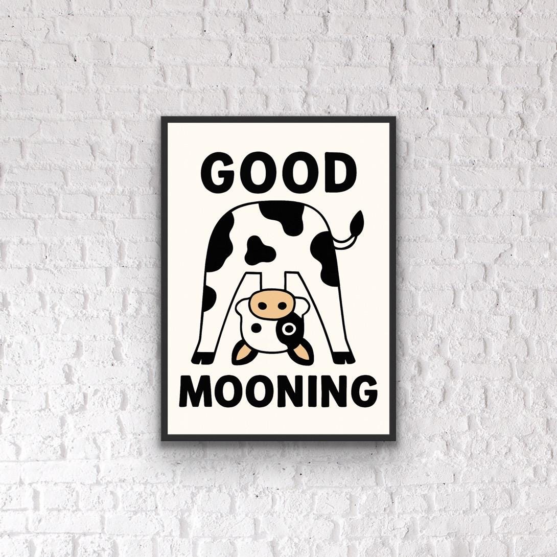 Funny Cow Print: "Good Mooning" Pun Art - Quirky Kitchen Decor