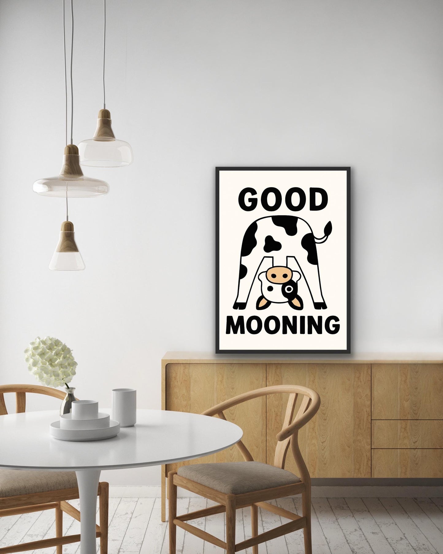 Funny Cow Print: "Good Mooning" Pun Art - Quirky Kitchen Decor