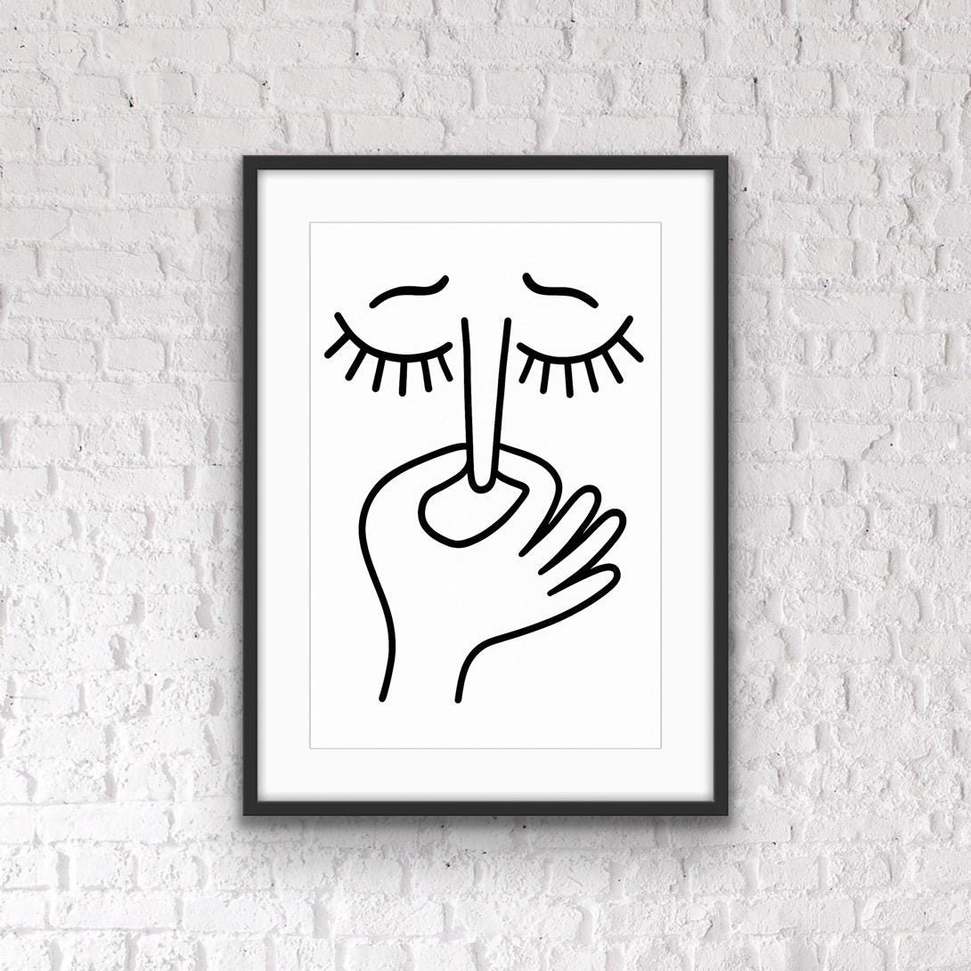 Funny Line Art Print: Stinky Face Holding Nose - Bathroom Humor