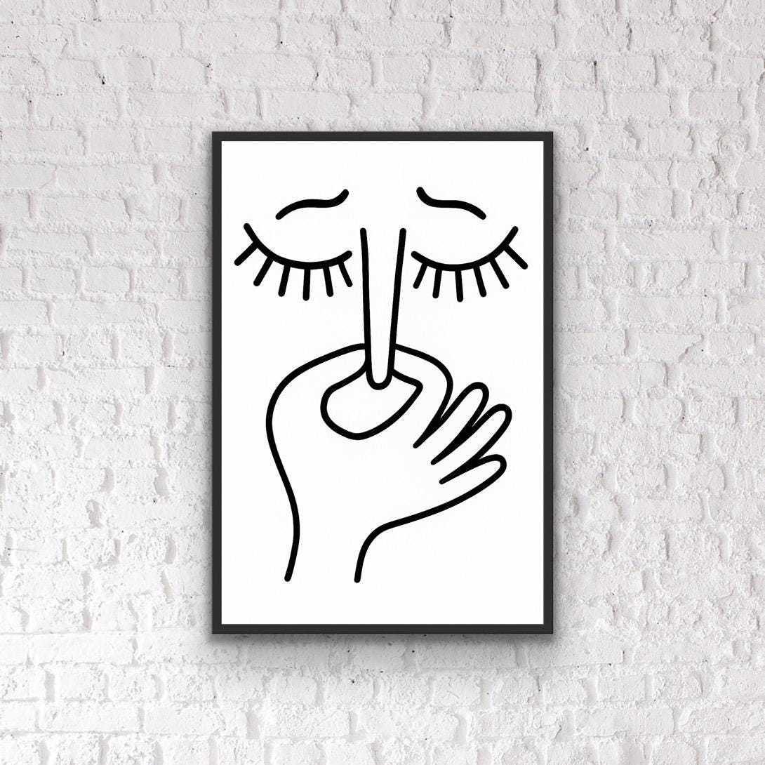 Funny Line Art Print: Stinky Face Holding Nose - Bathroom Humor