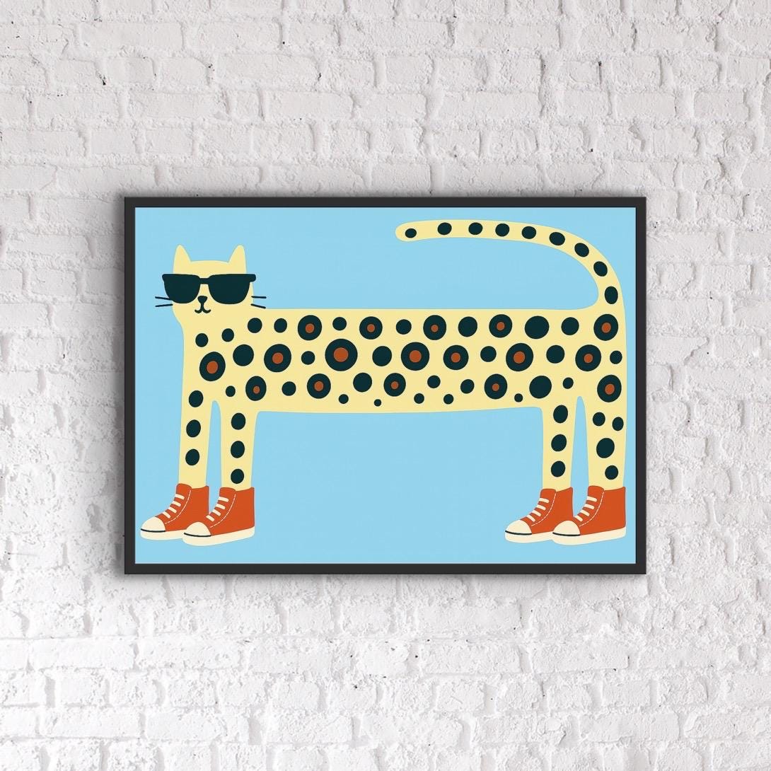Cool Cat Wall Art – Quirky Leopard Cat Print with Sunglasses & Sneakers | Fun Animal Hallway Decor | Colourful Cat Art for Modern Homes