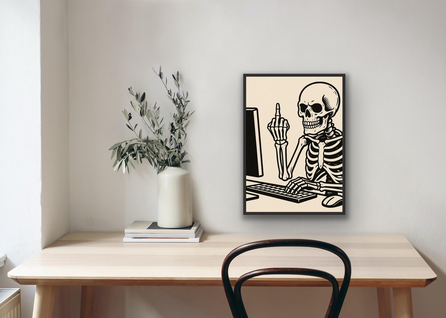 Funny Skeleton Office Print – Dark Humour Wall Art, Middle Finger Computer Desk Poster, Quirky Work From Home Decor, Anti-Work Gift