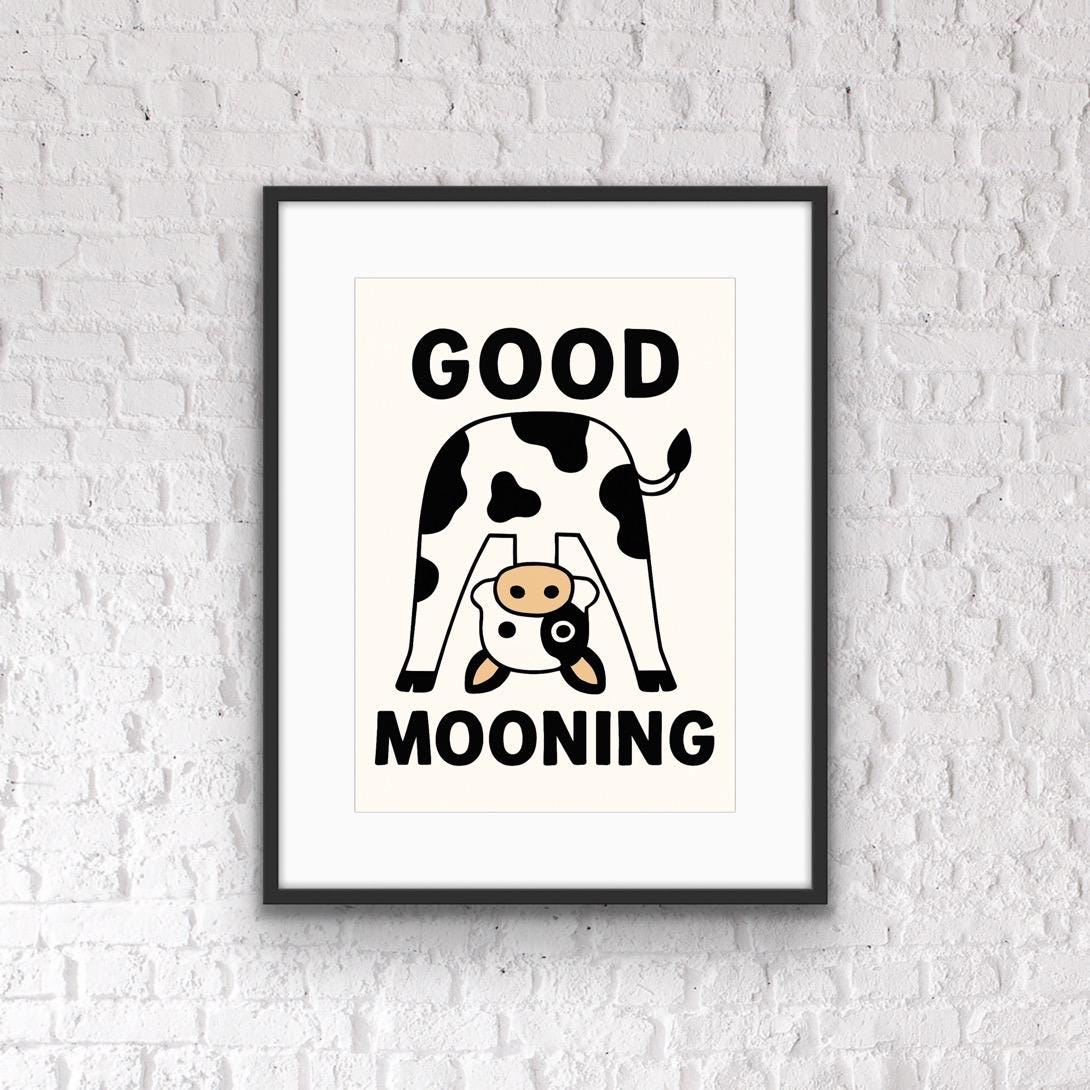 Funny Cow Print: "Good Mooning" Pun Art - Quirky Kitchen Decor