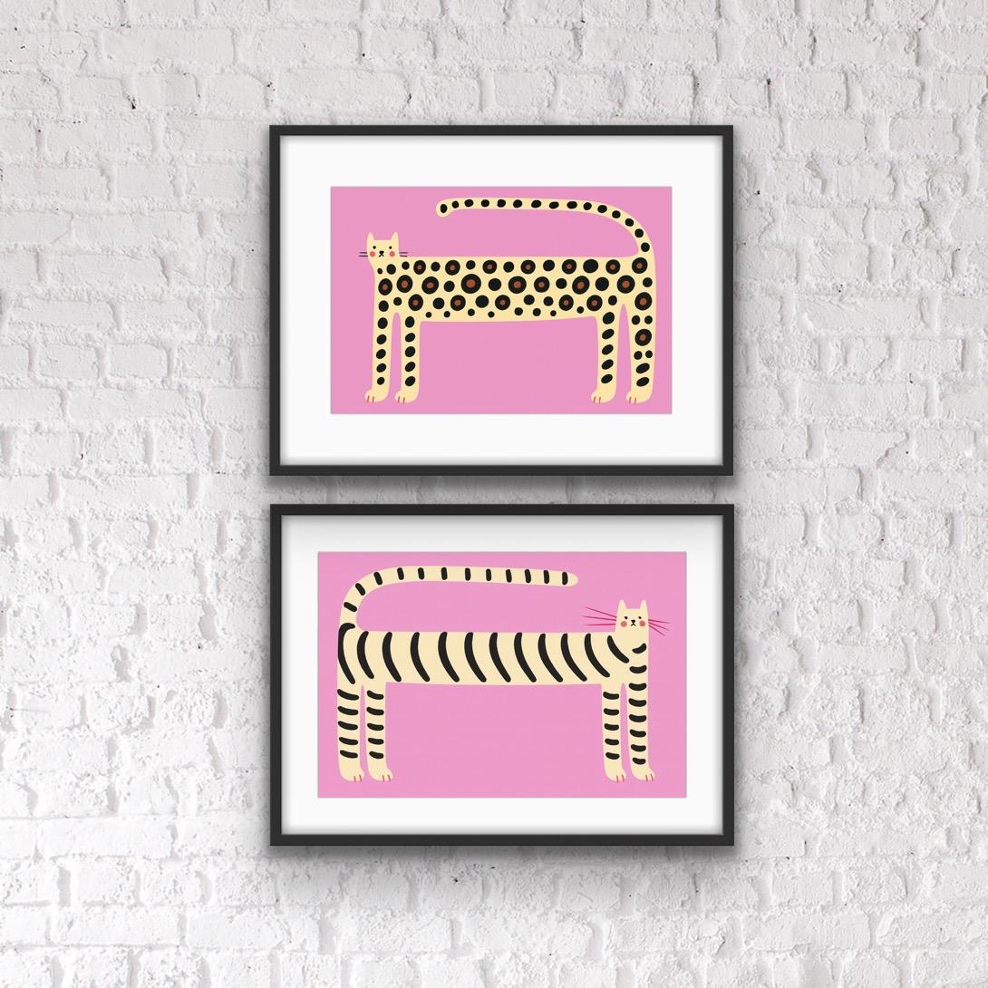 Set of Funny Cat Wall Art for Hallway – Quirky Leopard & Tiger Print Set – Bold Pink Animal Prints – Funky Home Entrance Deco - Hallway Art