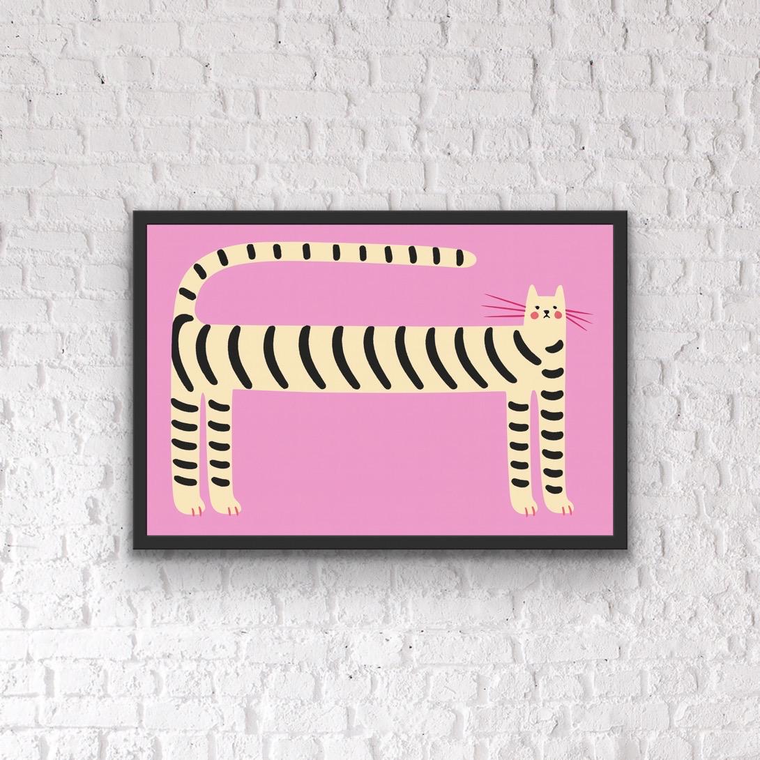Set of Funny Cat Wall Art for Hallway – Quirky Leopard & Tiger Print Set – Bold Pink Animal Prints – Funky Home Entrance Deco - Hallway Art