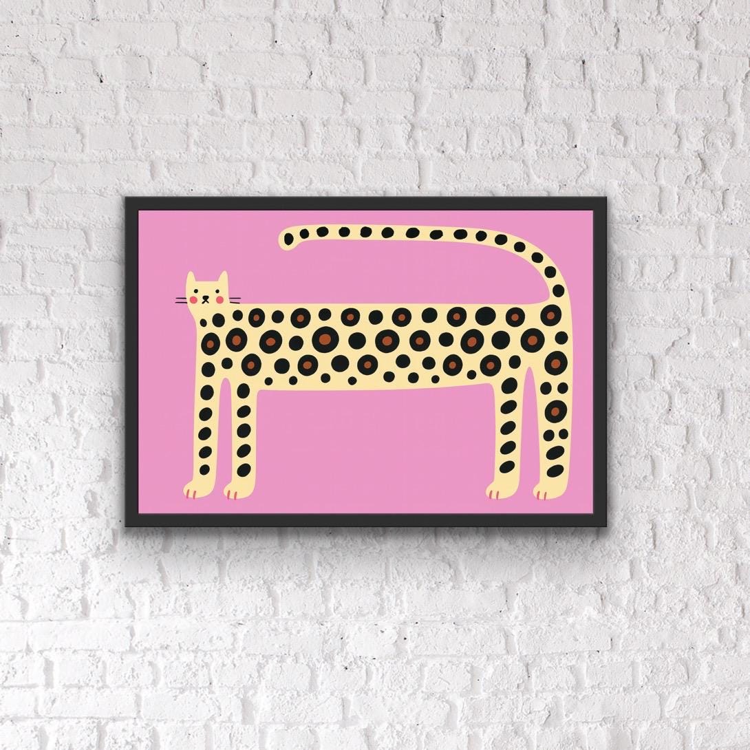 Set of Funny Cat Wall Art for Hallway – Quirky Leopard & Tiger Print Set – Bold Pink Animal Prints – Funky Home Entrance Deco - Hallway Art