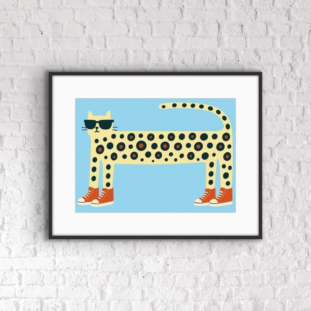 Cool Cat Wall Art – Quirky Leopard Cat Print with Sunglasses & Sneakers | Fun Animal Hallway Decor | Colourful Cat Art for Modern Homes