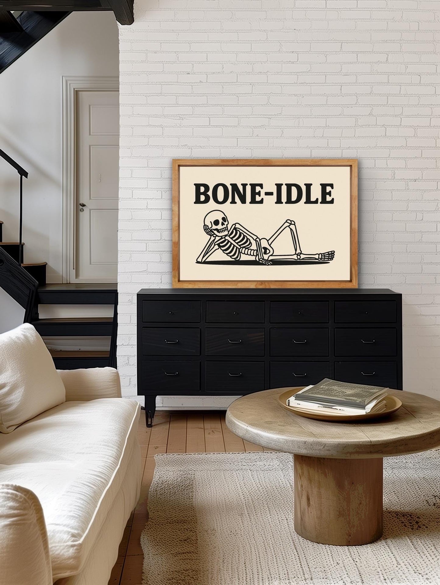 Funny Skeleton Wall Art – “Bone-Idle” Print – Lazy Skeleton Poster – Humorous Living Room Decor – Gothic Halloween Art - Funny Home Prints