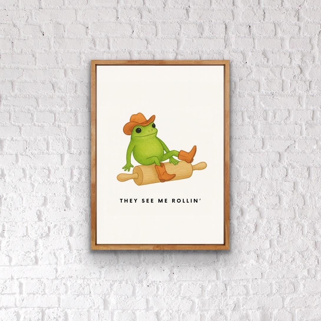 Funny Frog Kitchen Print – Cowboy Frog Wall Art – “They See Me Rollin” Baking Poster – Quirky Country Western Home Décor – Gift for Bakers