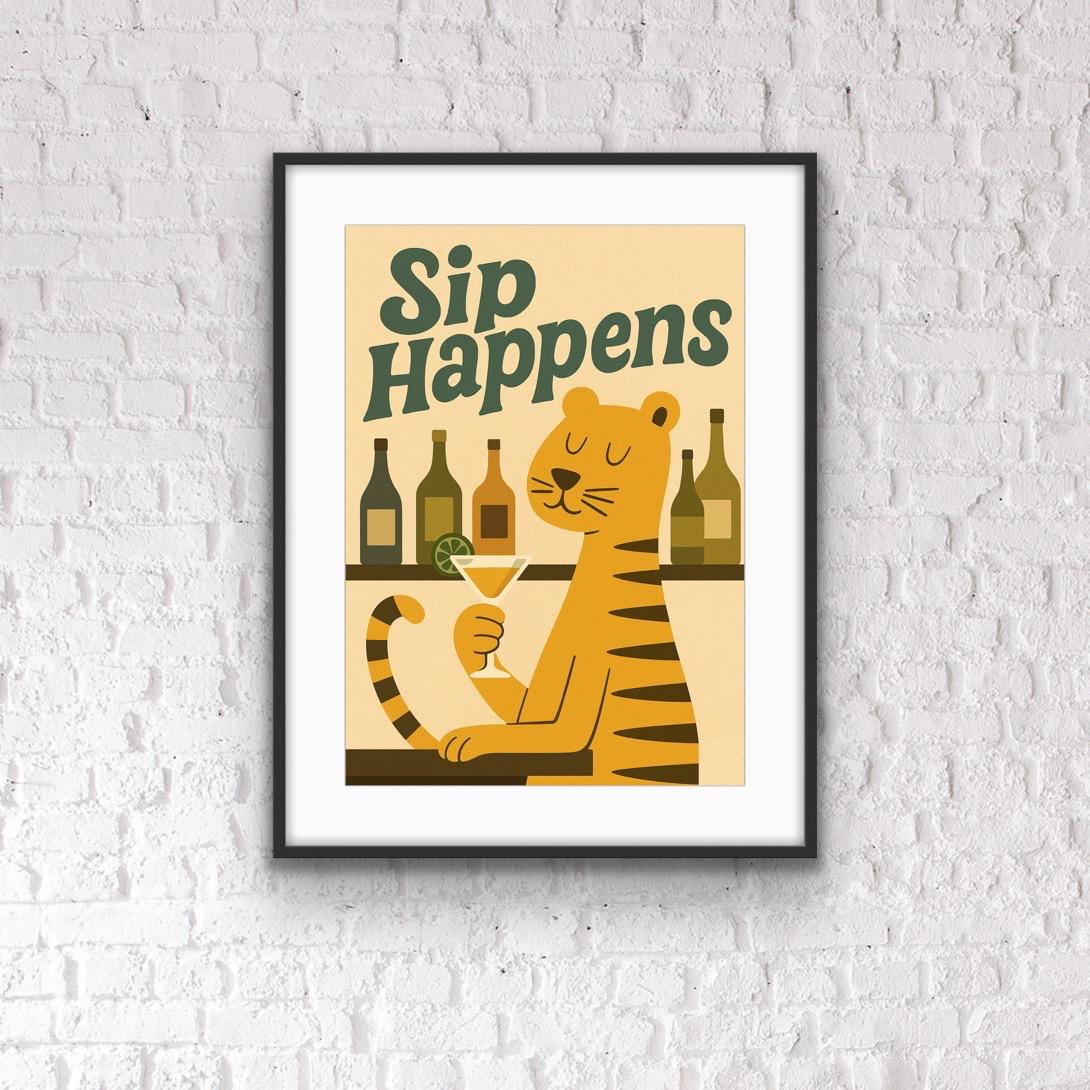 Sip Happens Tiger Bar Print – Funny Retro Cocktail Wall Art - Cocktail prints