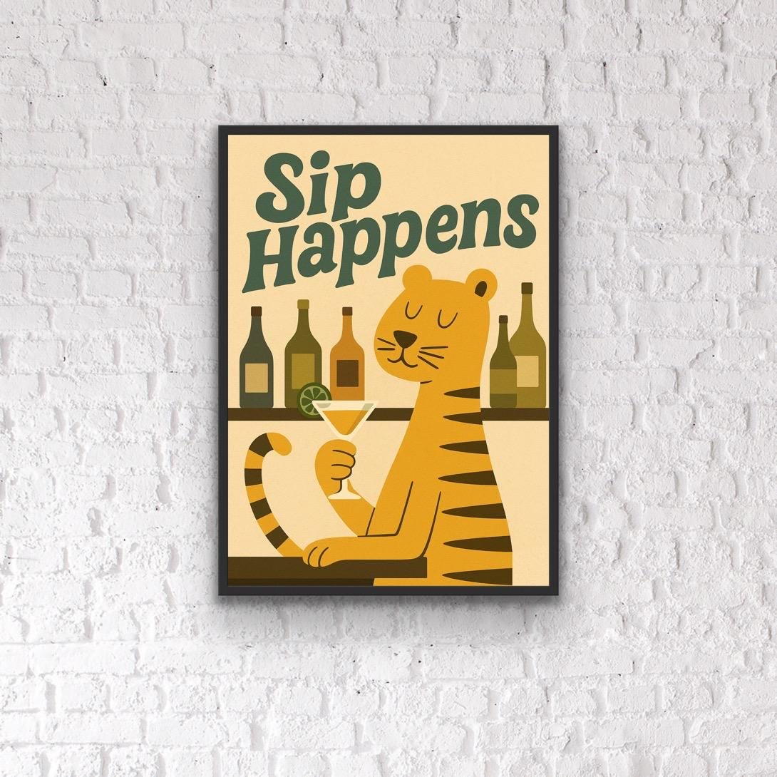 Sip Happens Tiger Bar Print – Funny Retro Cocktail Wall Art - Cocktail prints