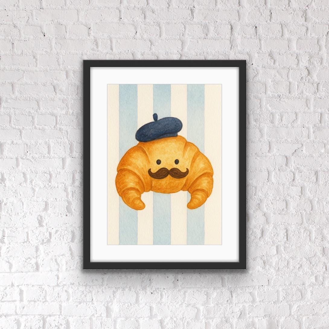 Whimsical Croissant Wall Art Print | Cute French Kitchen Decor | Funny Food Illustration | Quirky Breakfast Artwork | Funny Kitchen Prints