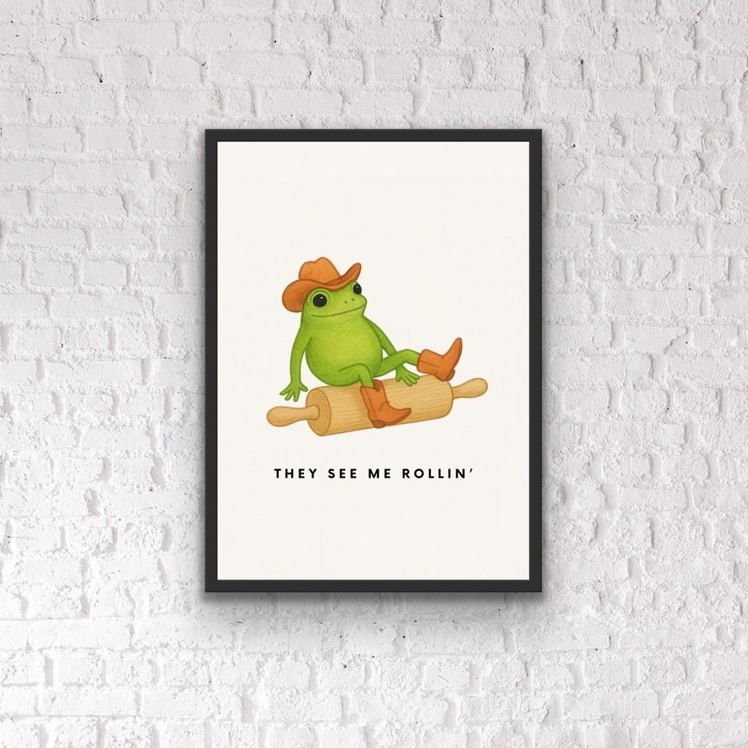 Funny Frog Kitchen Print – Cowboy Frog Wall Art – “They See Me Rollin” Baking Poster – Quirky Country Western Home Décor – Gift for Bakers