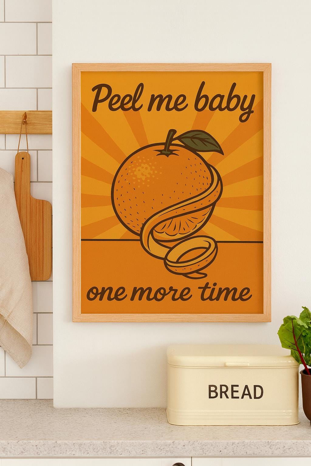 Funny Orange Pun Print: Retro Kitchen Wall Art - "Peel Me Baby"