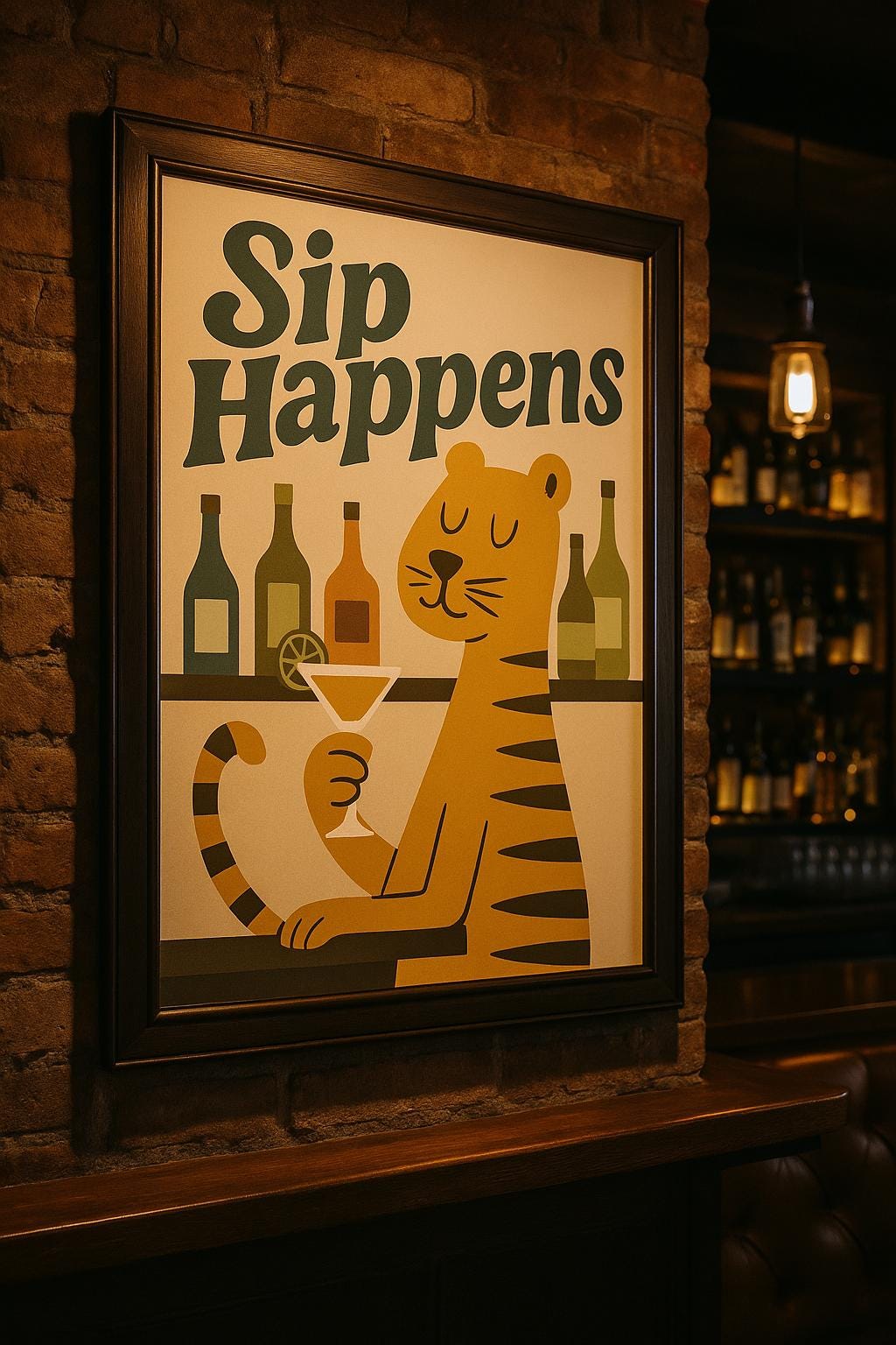 Sip Happens Tiger Bar Print – Funny Retro Cocktail Wall Art - Cocktail prints