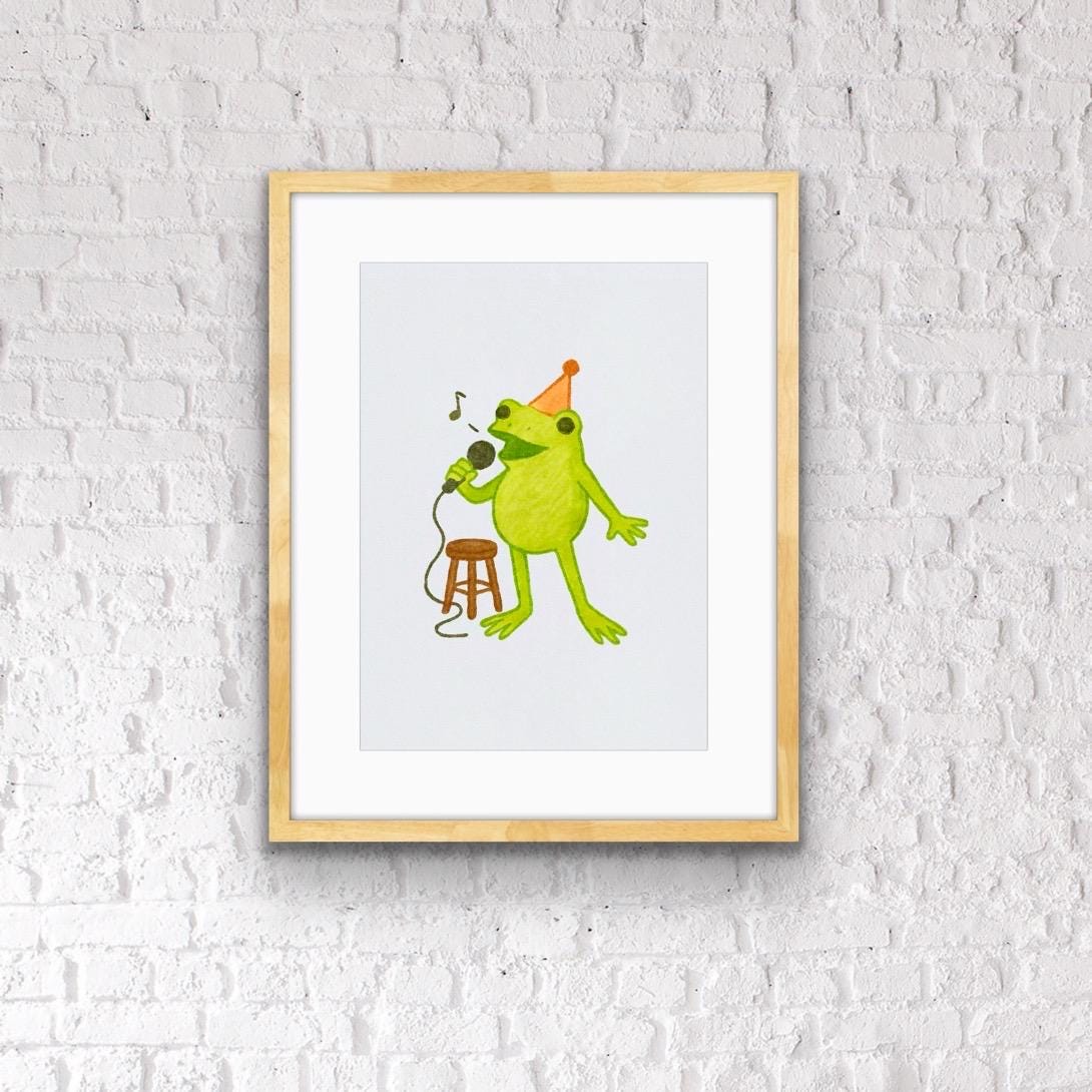Funny Karaoke Frog Print: Quirky Animal Art for Music Room