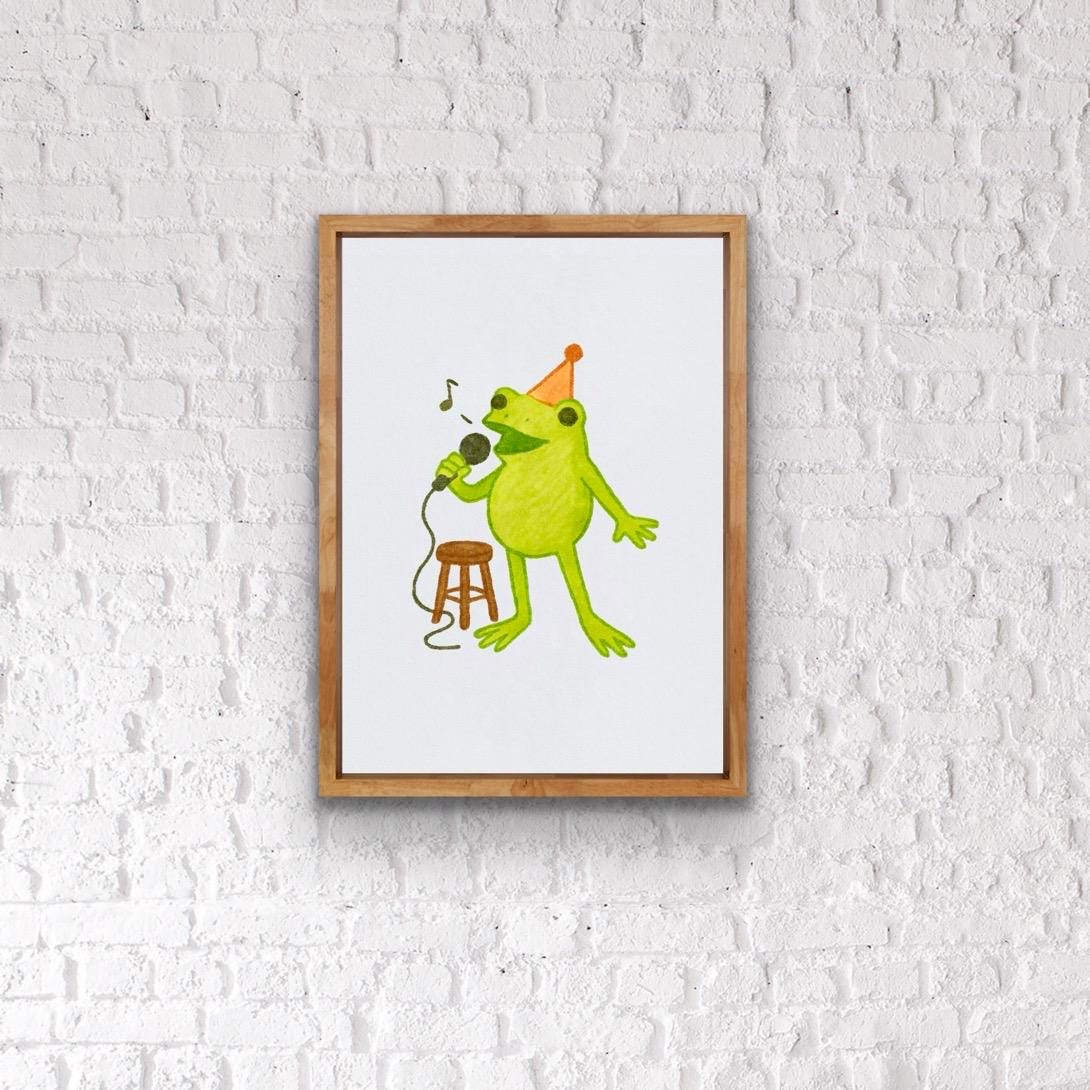 Funny Karaoke Frog Print: Quirky Animal Art for Music Room