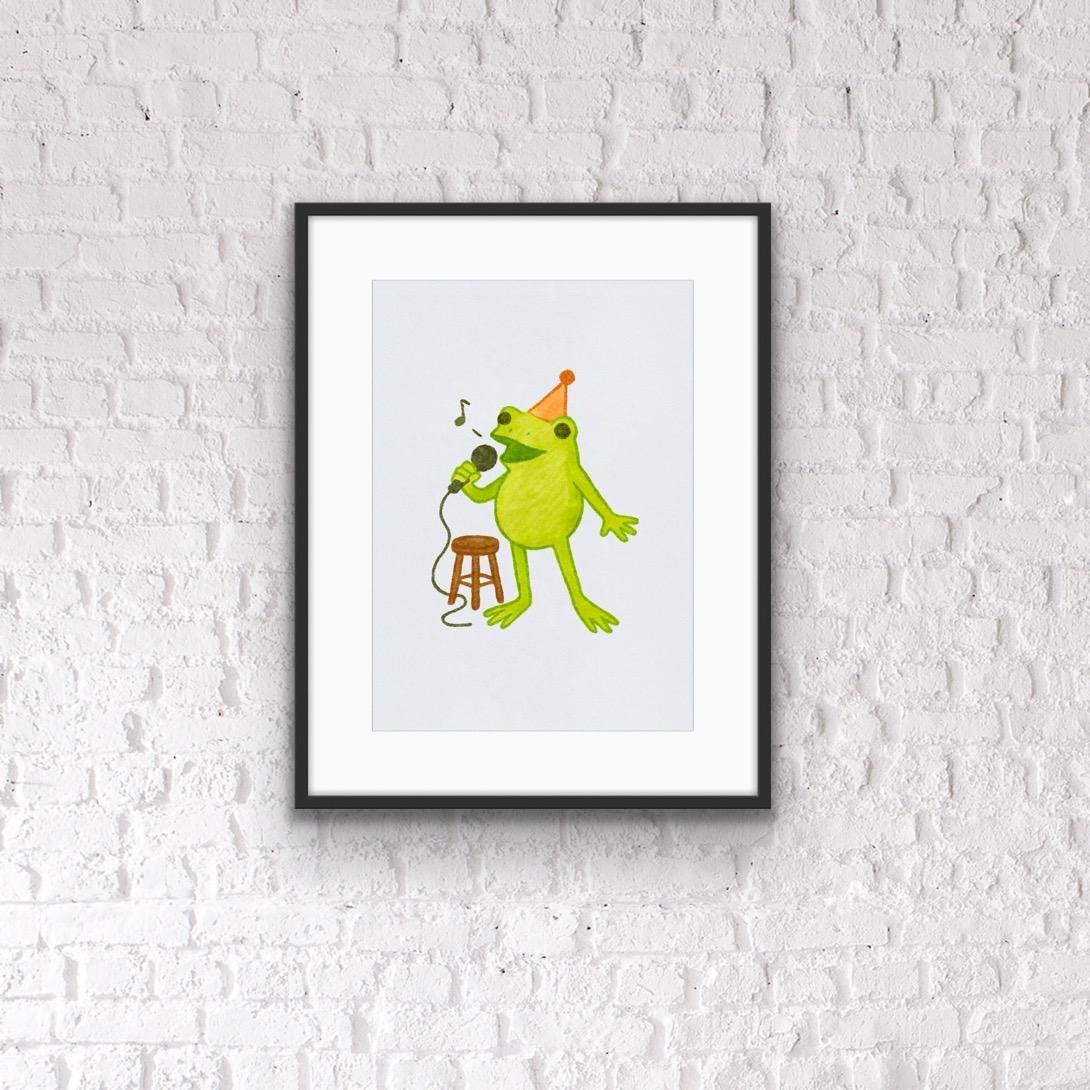 Funny Karaoke Frog Print: Quirky Animal Art for Music Room
