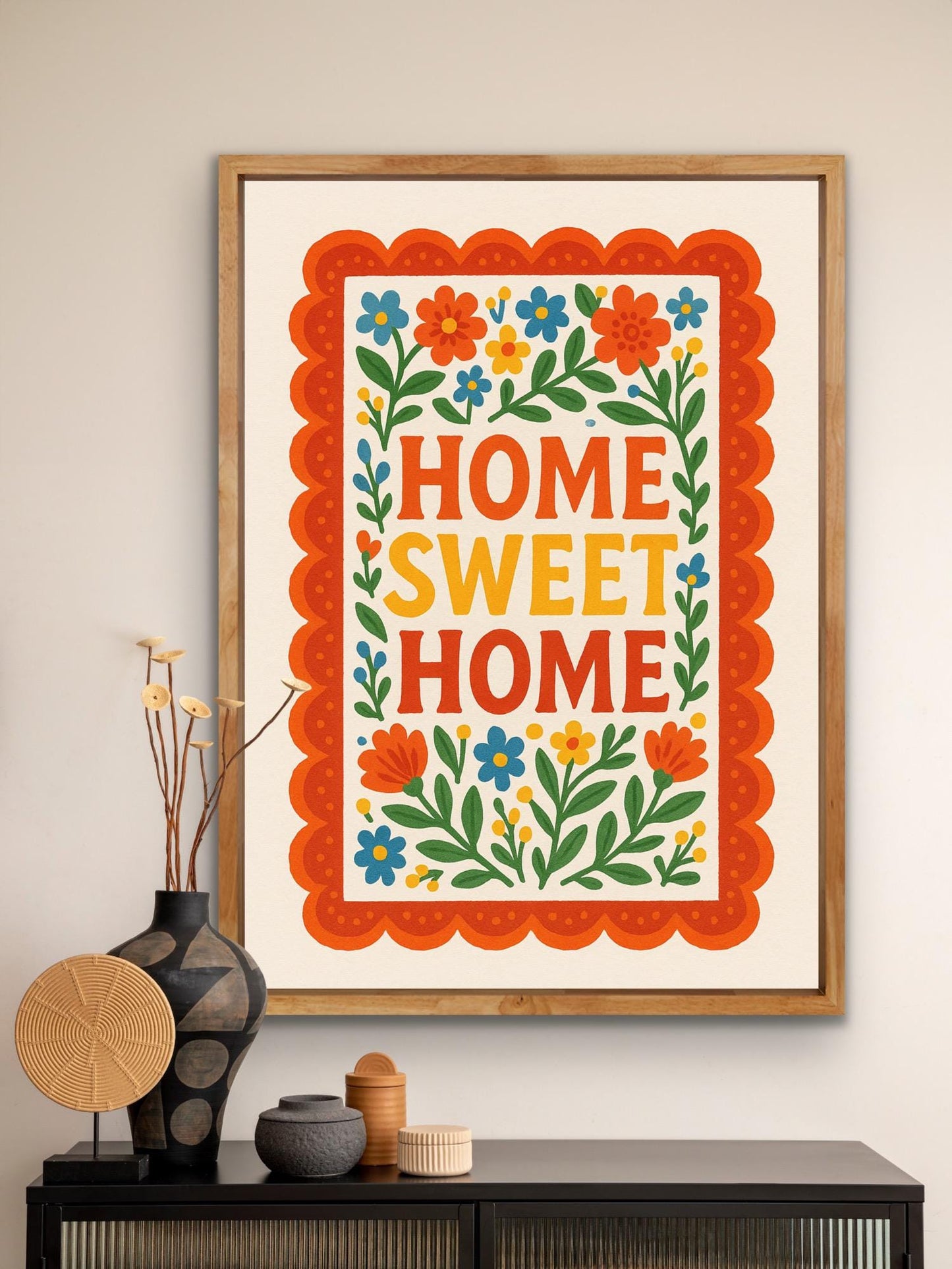 Home Sweet Home Print – Retro Folk Art Wall Art | Colourful Floral Quote Print | Boho Home Decor | Hallway or Kitchen Wall Art