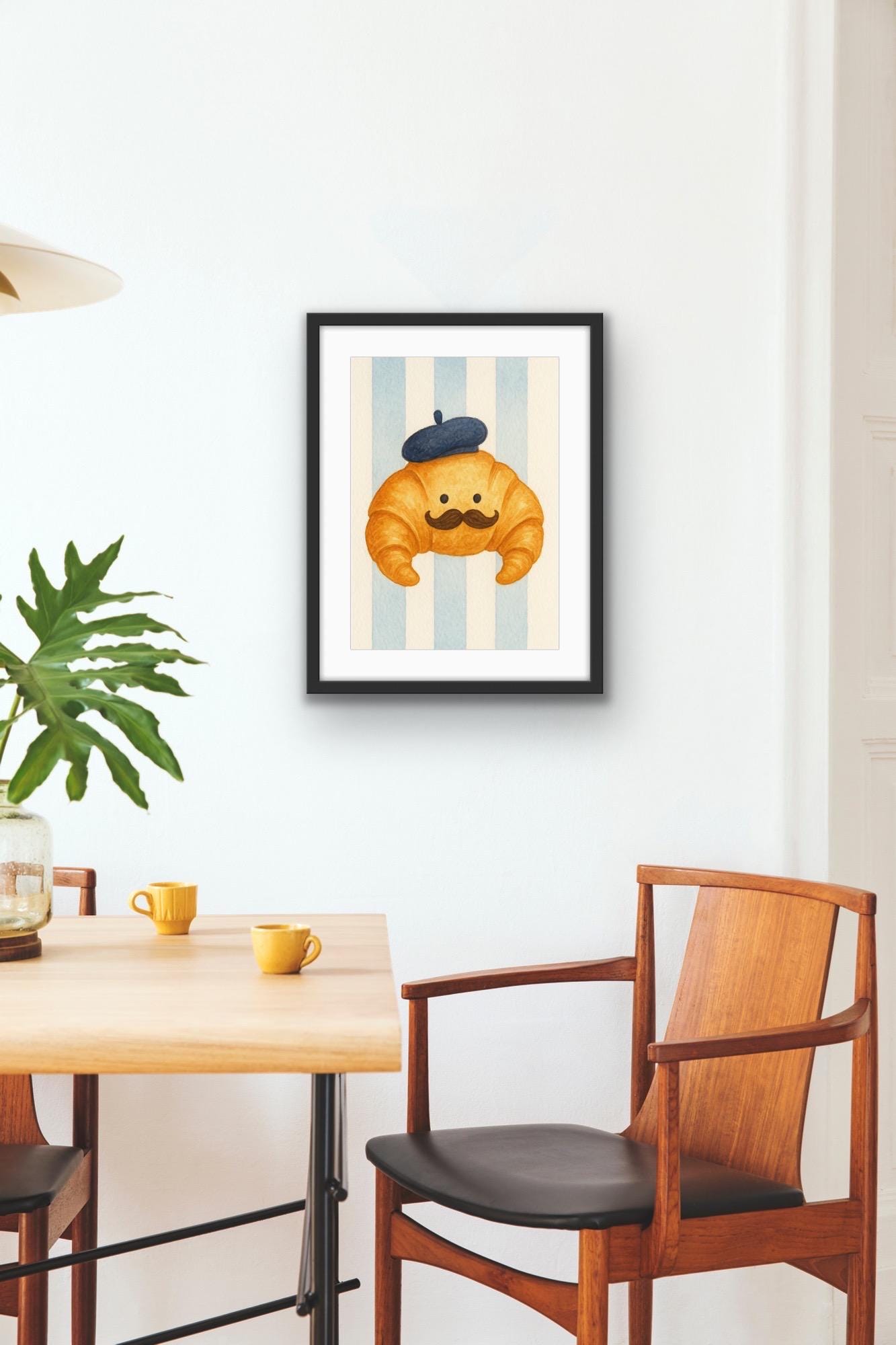 Whimsical Croissant Wall Art Print | Cute French Kitchen Decor | Funny Food Illustration | Quirky Breakfast Artwork | Funny Kitchen Prints
