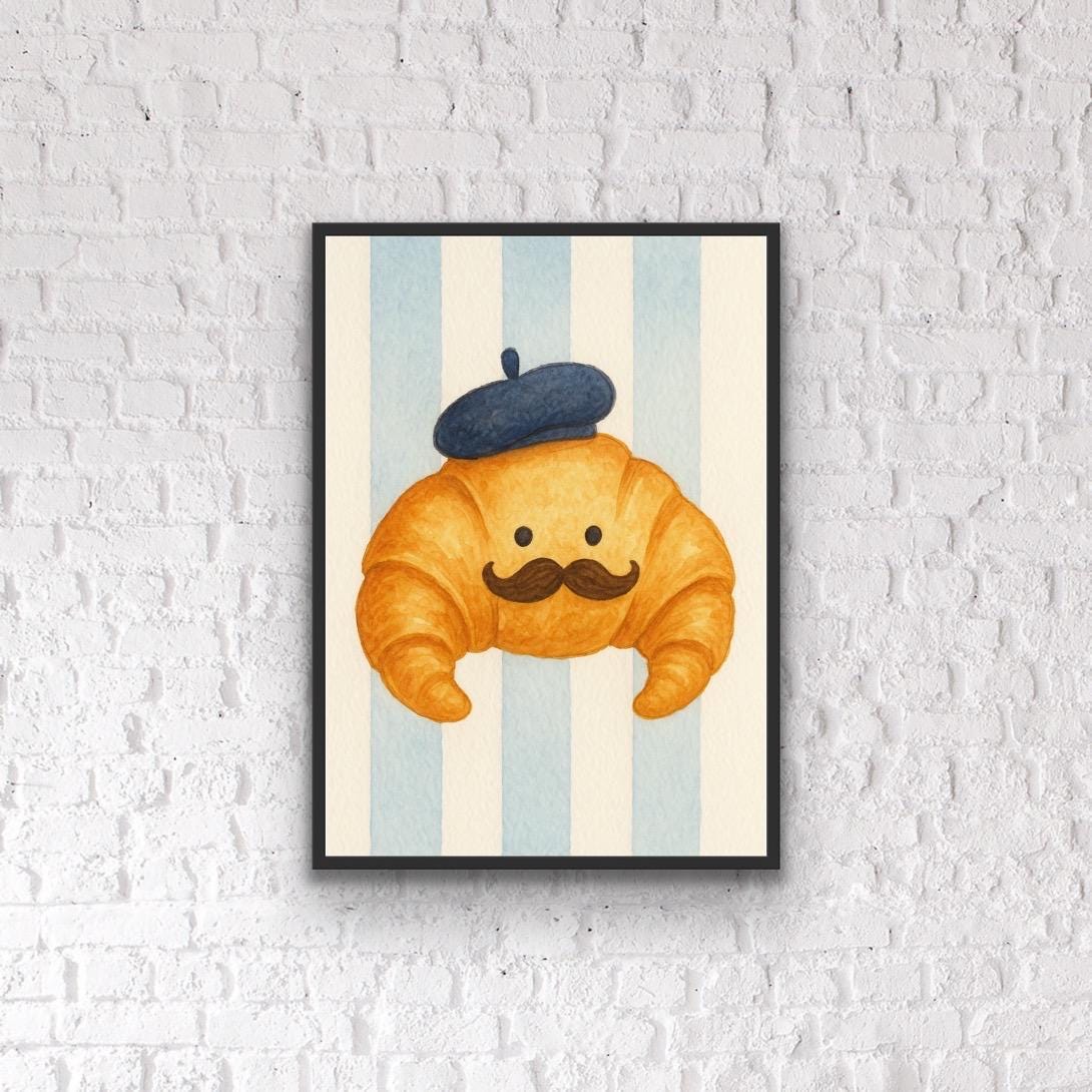 Whimsical Croissant Wall Art Print | Cute French Kitchen Decor | Funny Food Illustration | Quirky Breakfast Artwork | Funny Kitchen Prints