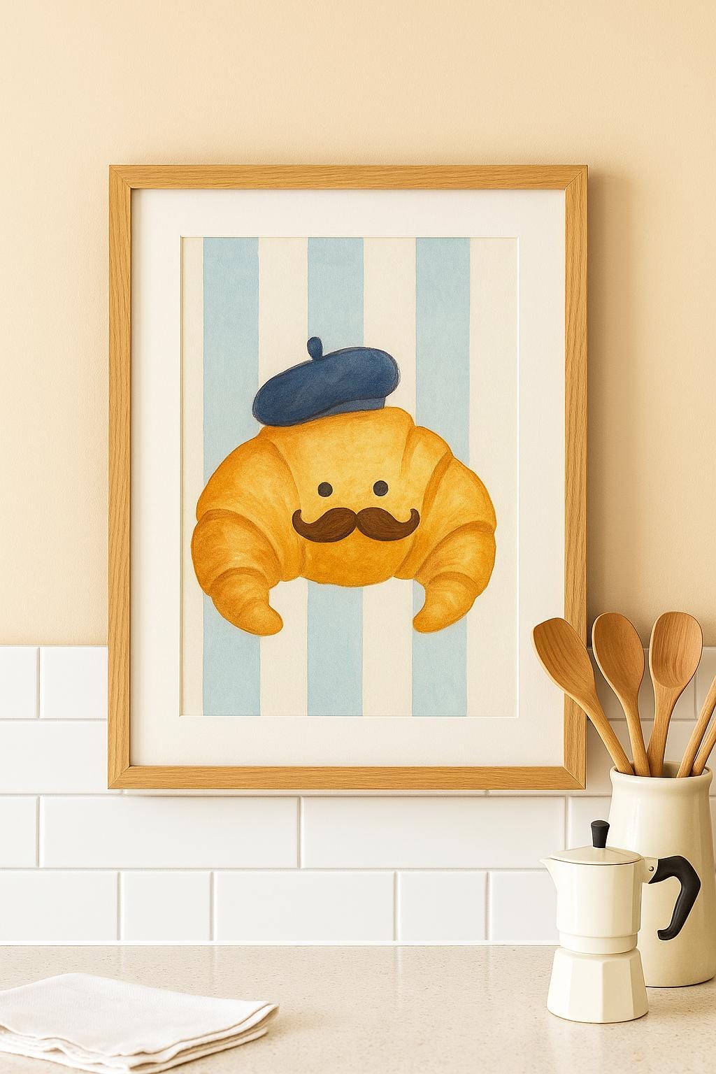 Whimsical Croissant Wall Art Print | Cute French Kitchen Decor | Funny Food Illustration | Quirky Breakfast Artwork | Funny Kitchen Prints