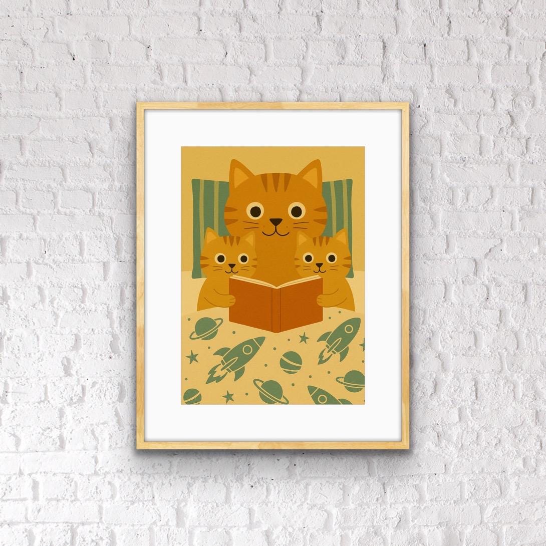 Kitten Family Reading Print – Space Theme Nursery Wall Art, Cute Cat Bedroom Decor, Cosmic Blanket Storytime Illustration