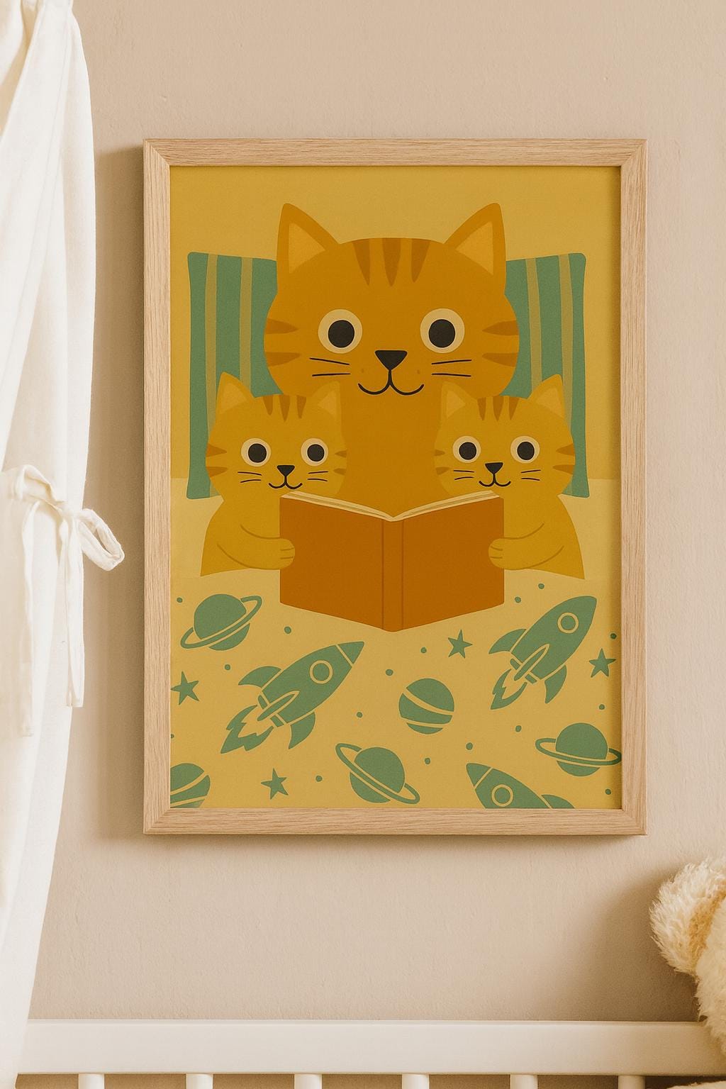 Kitten Family Reading Print – Space Theme Nursery Wall Art, Cute Cat Bedroom Decor, Cosmic Blanket Storytime Illustration