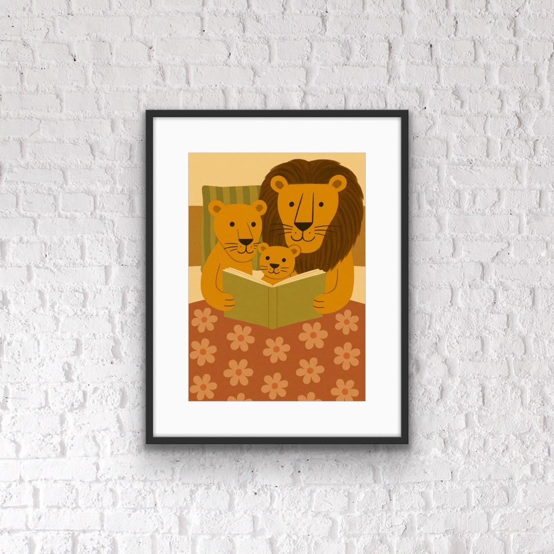 Lion Family Reading Print – Safari Animal Nursery Wall Art, Jungle Theme Bedroom Decor, Cute Animal Family Illustration
