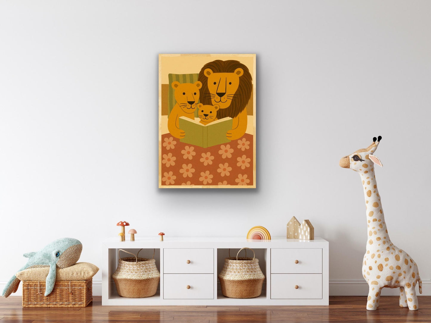 Lion Family Reading Print – Safari Animal Nursery Wall Art, Jungle Theme Bedroom Decor, Cute Animal Family Illustration
