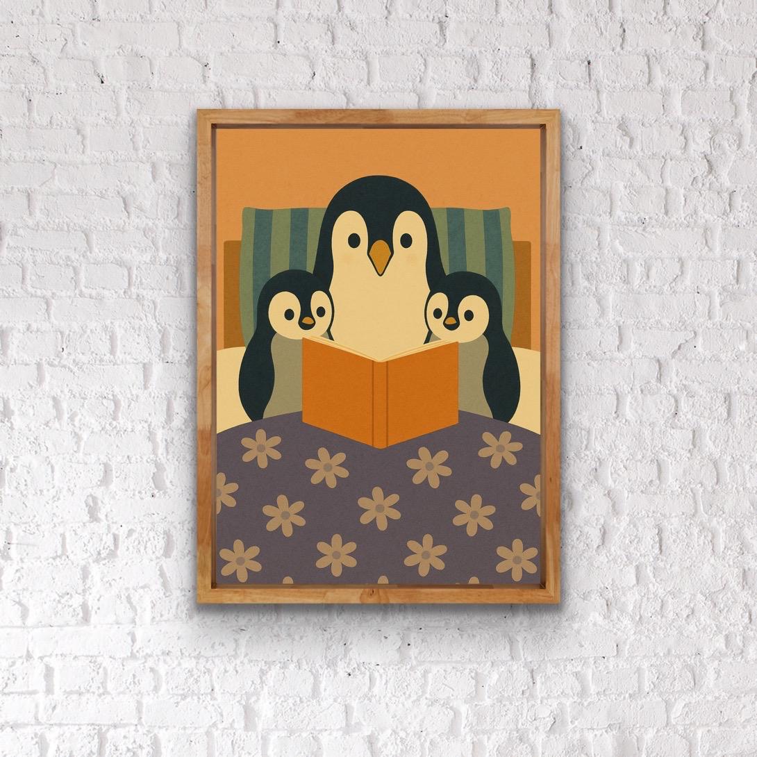 Penguin Family Reading Print | Nursery Wall Art | Cute Animal Illustration for Kids Room | Cosy Bedtime Penguin Print | Penguin wall decor