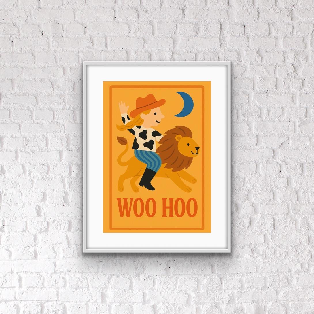Woo Hoo Cowgirl and Lion Print | Kids Wall Art | Retro Western Nursery Print | Bold Animal Illustration | Playroom or Bedroom Decor