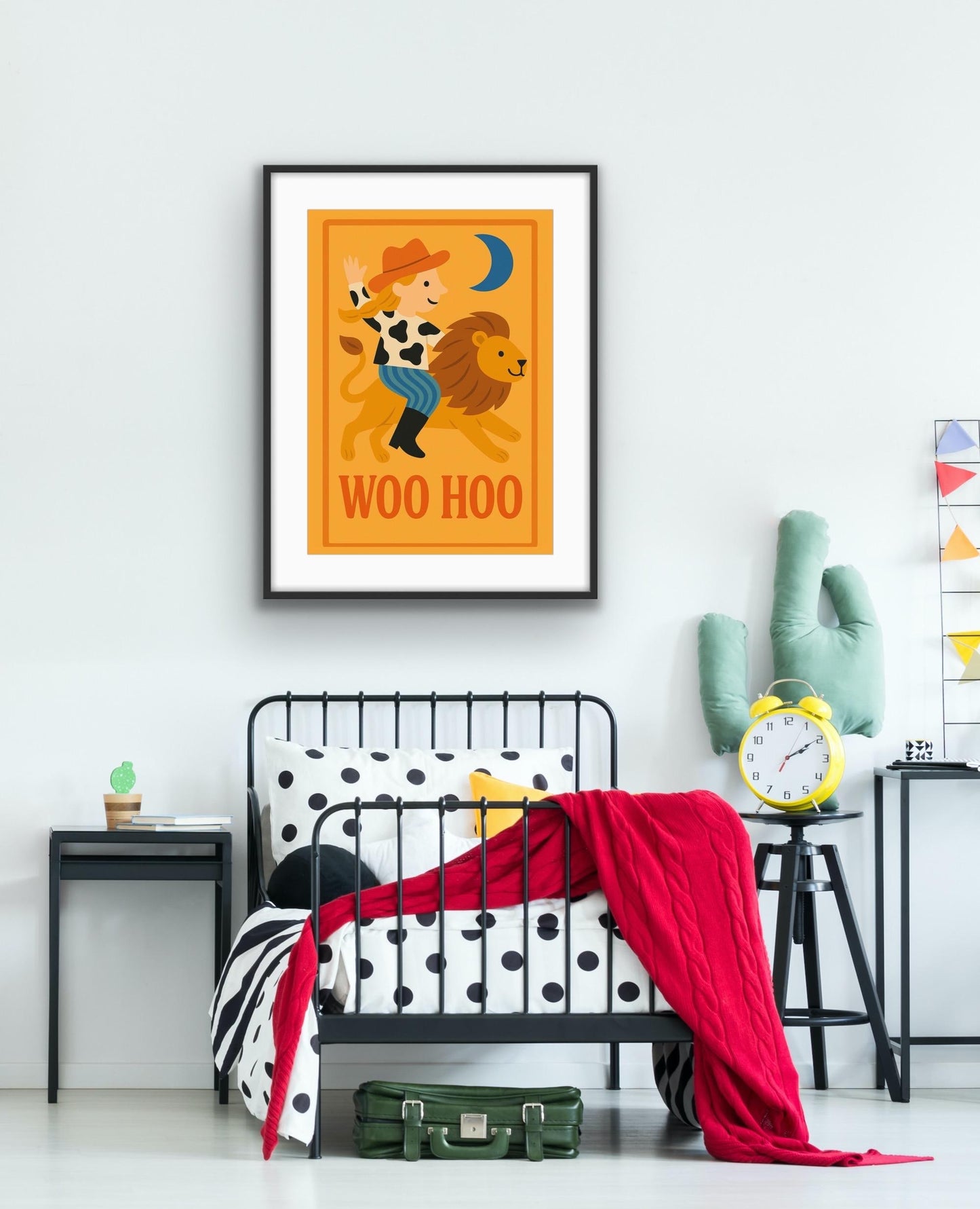 Woo Hoo Cowgirl and Lion Print | Kids Wall Art | Retro Western Nursery Print | Bold Animal Illustration | Playroom or Bedroom Decor