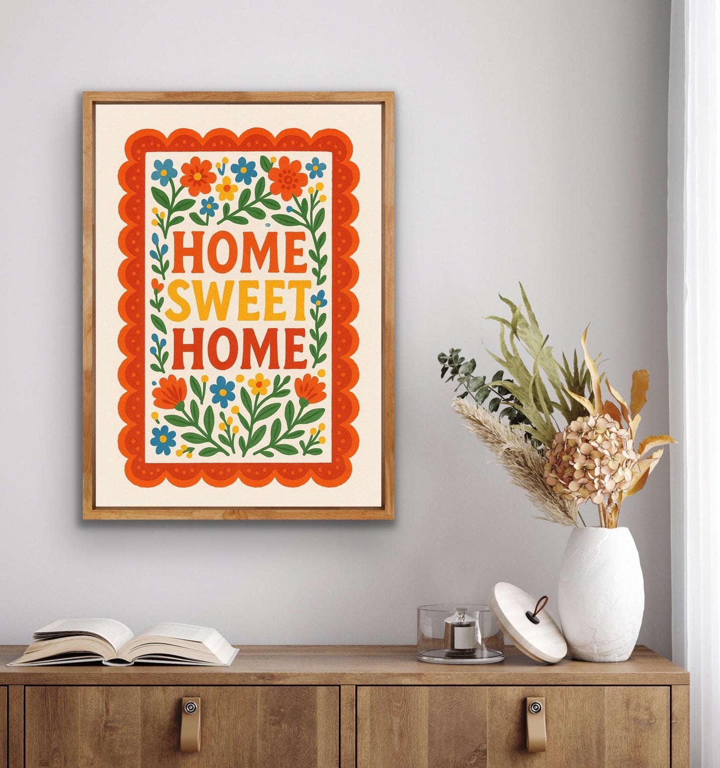 Home Sweet Home Print – Retro Folk Art Wall Art | Colourful Floral Quote Print | Boho Home Decor | Hallway or Kitchen Wall Art