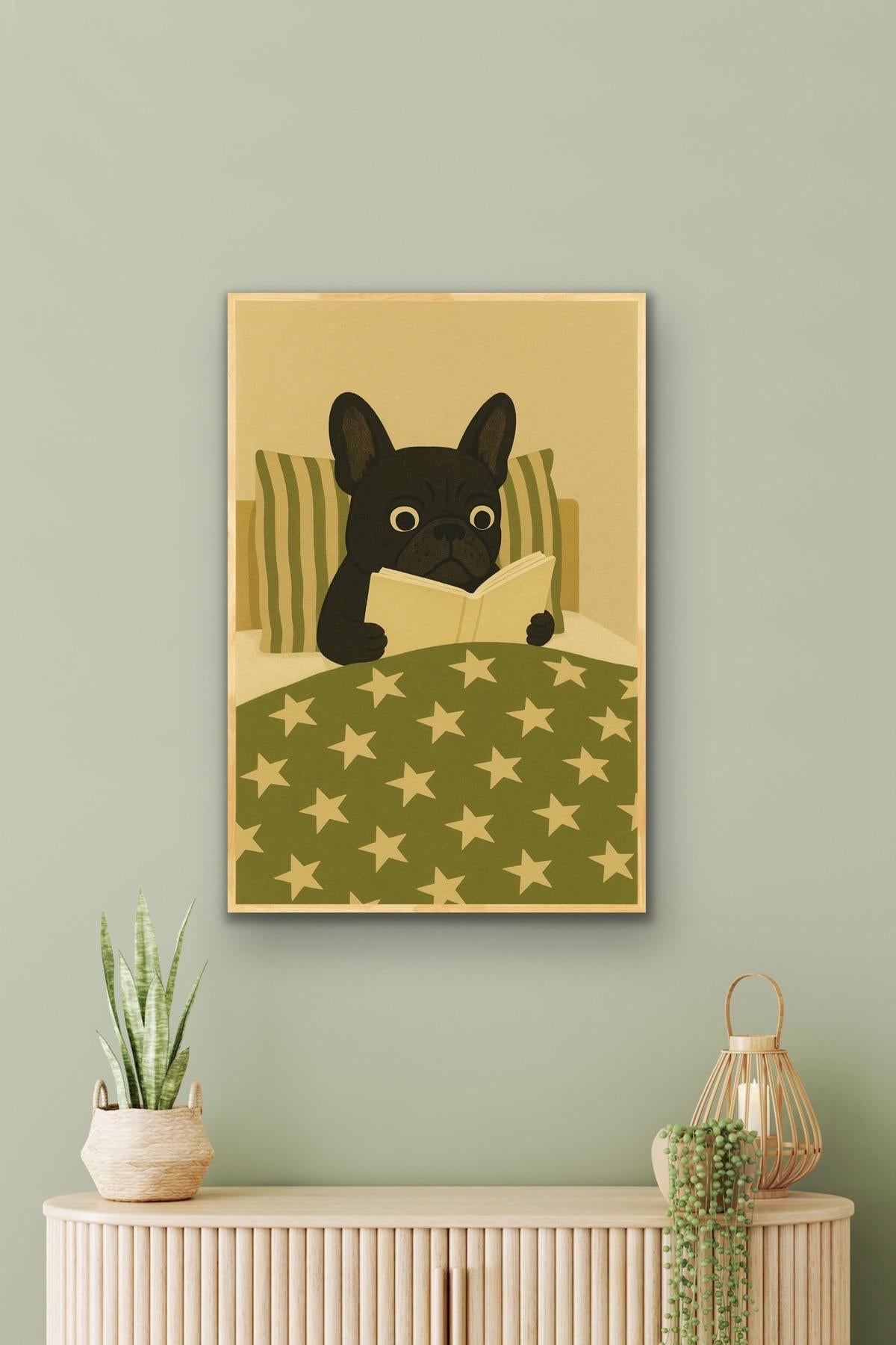 French Bulldog Print | Cute Dog Illustration | Calm Bedtime Wall Art | Olive & Cream print | Quirky Animal Print | Cozy Bedroom Wall Art