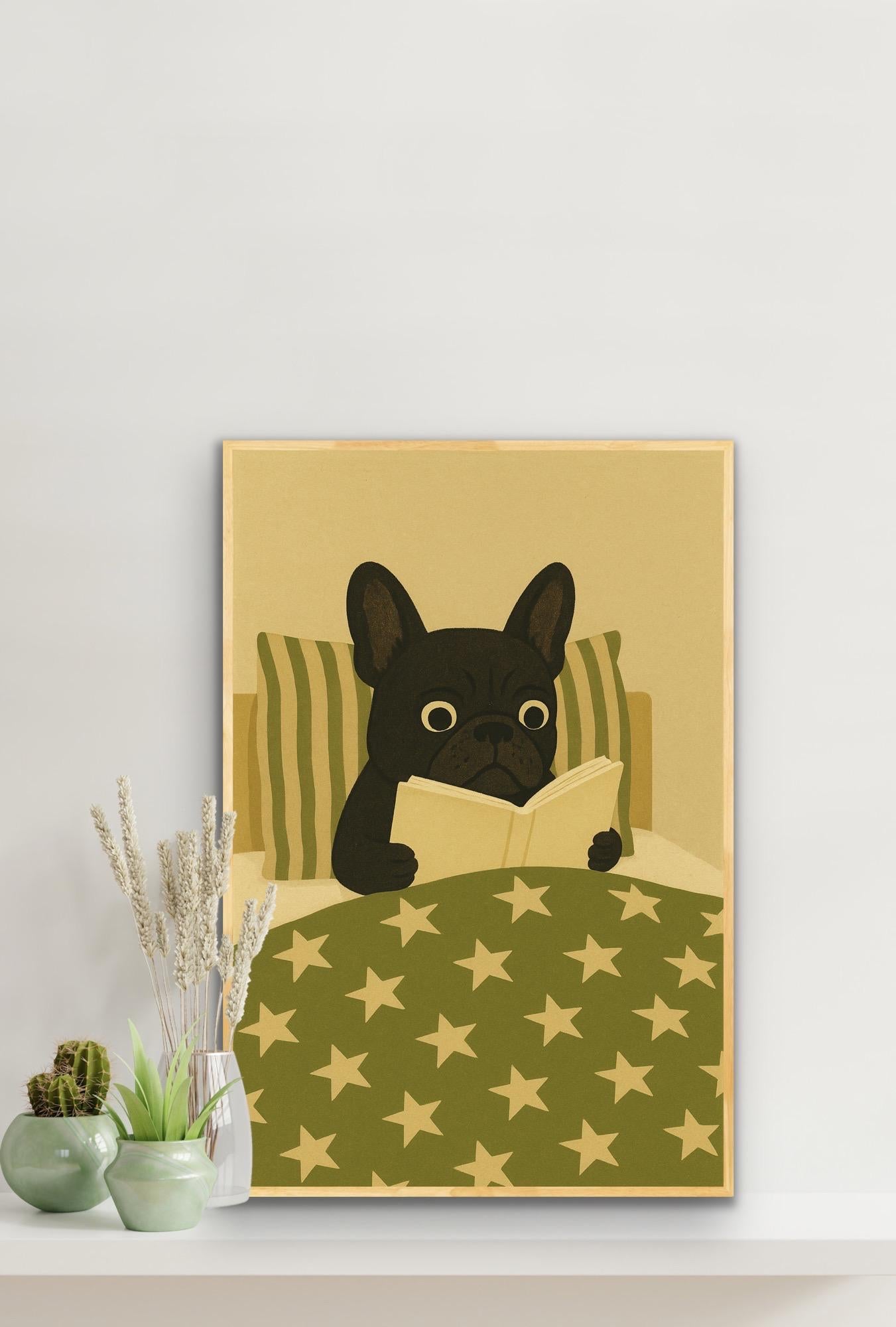 French Bulldog Print | Cute Dog Illustration | Calm Bedtime Wall Art | Olive & Cream print | Quirky Animal Print | Cozy Bedroom Wall Art