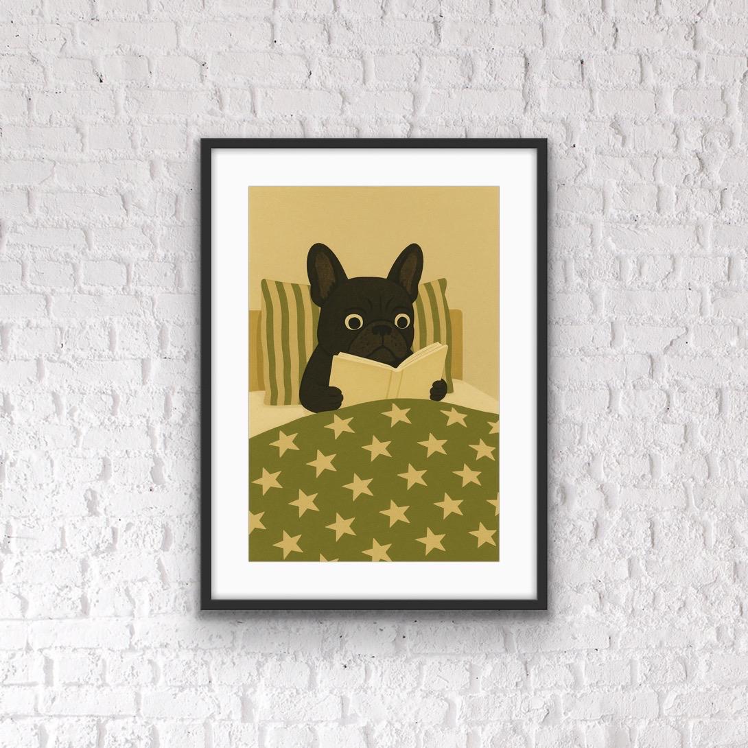 French Bulldog Print | Cute Dog Illustration | Calm Bedtime Wall Art | Olive & Cream print | Quirky Animal Print | Cozy Bedroom Wall Art