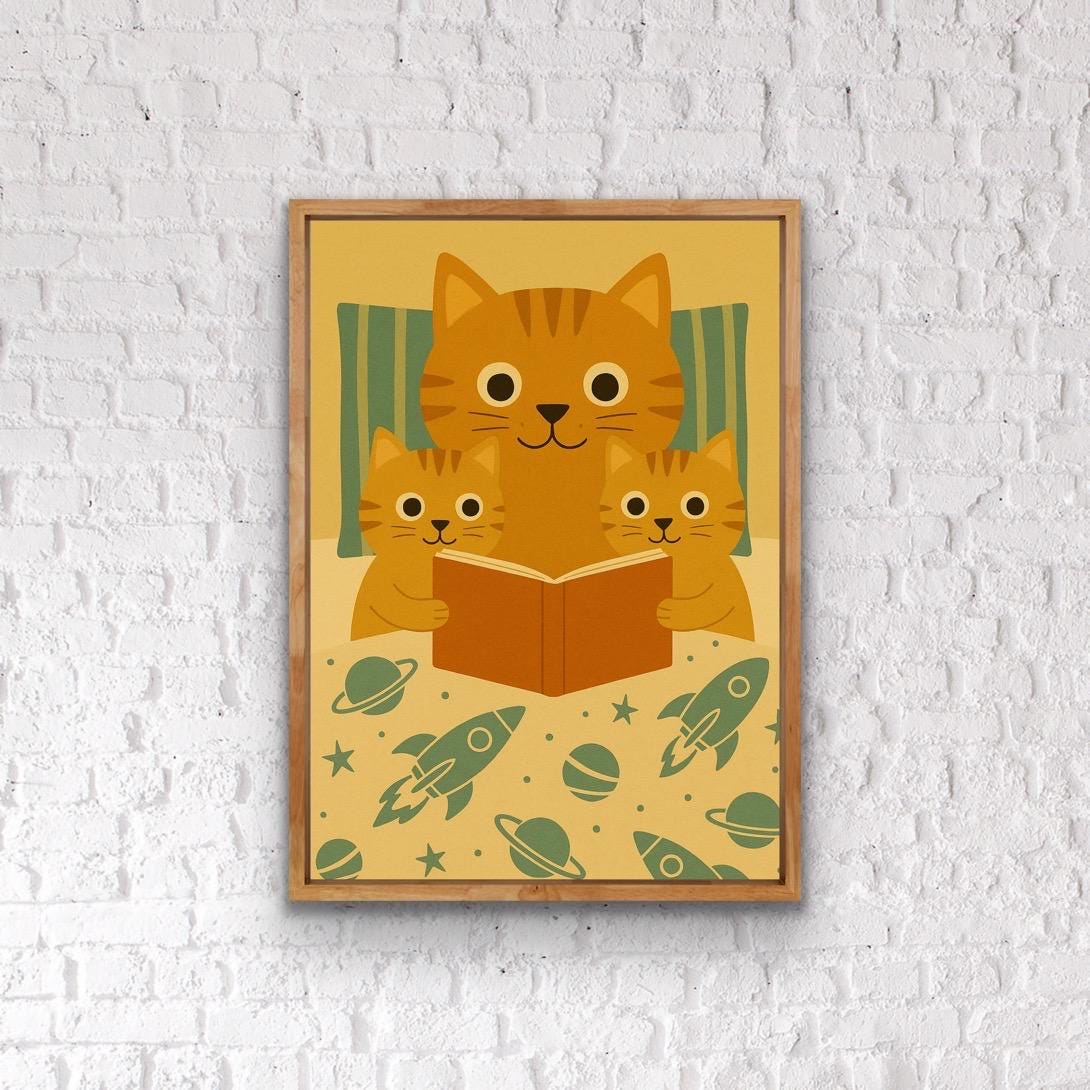 Kitten Family Reading Print – Space Theme Nursery Wall Art, Cute Cat Bedroom Decor, Cosmic Blanket Storytime Illustration