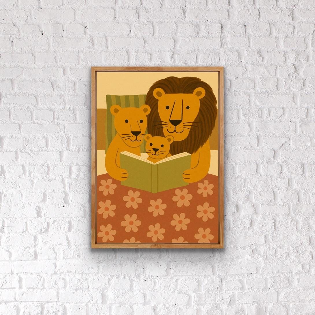 Lion Family Reading Print – Safari Animal Nursery Wall Art, Jungle Theme Bedroom Decor, Cute Animal Family Illustration