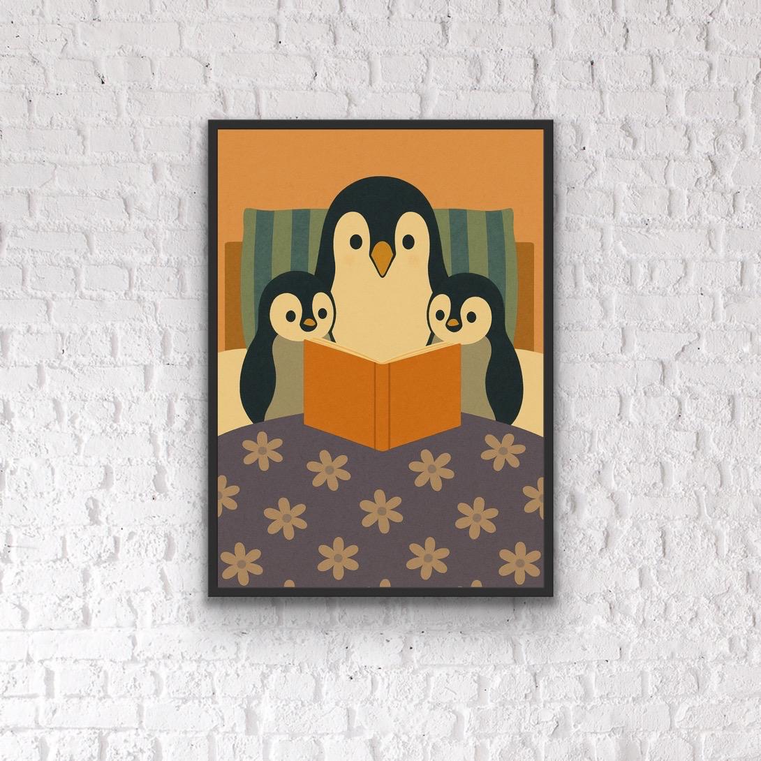 Penguin Family Reading Print | Nursery Wall Art | Cute Animal Illustration for Kids Room | Cosy Bedtime Penguin Print | Penguin wall decor